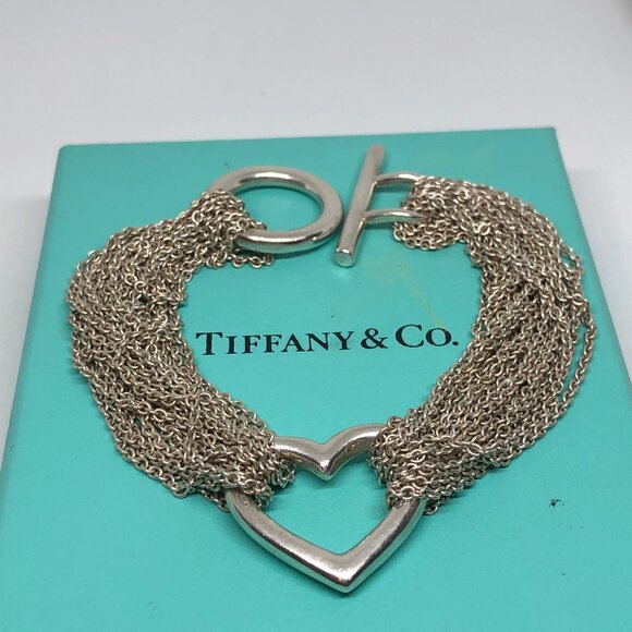 Tiffany Silver Heart Multi Strand Chain Mesh 7" Bracelet - Picture 3 of 8